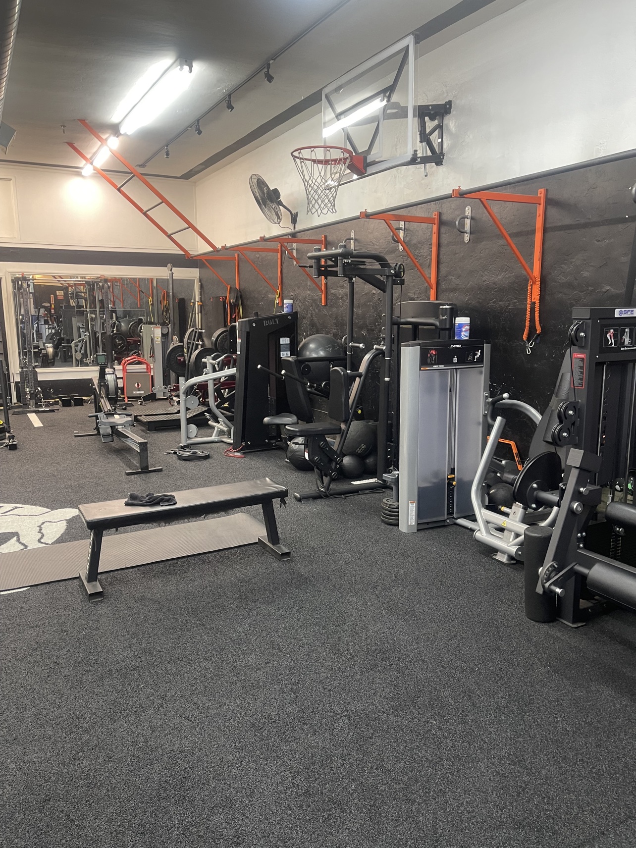 The machine area at El Workout Fitness Club — chest press, leg machines and pull-up rigs along a black wall